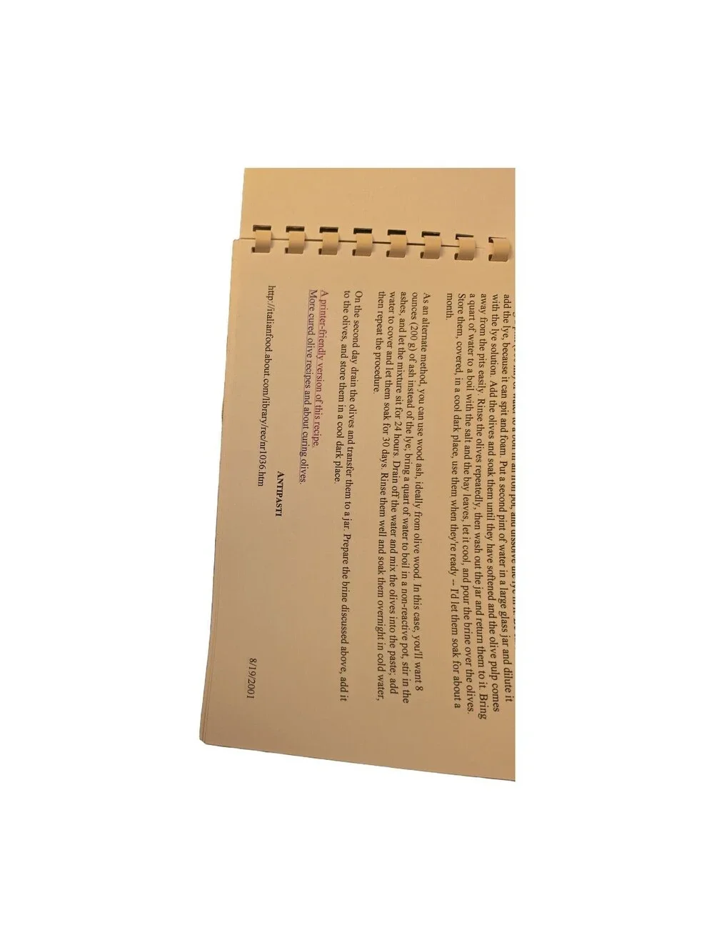 Olive Curing Instructions & Olive Recipes Comb-Bound Booklet - Used